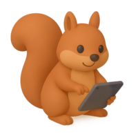 Interactive 3d render of a squirrel with a tablet transparent background playful environment whimsical viewpoint png