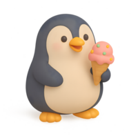 Cute penguin holding ice cream 3d render with transparent background whimsical style playful environment png