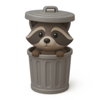 Playful 3d render of a raccoon in a trash can with transparent background whimsical animal art fun environment png