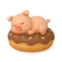 Cute 3d render of a sleeping pig on a donut whimsical setting transparent background for fun illustrations png