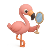 Playful flamingo reflecting on mirror 3d render with transparent background fun animation style tropical environment png
