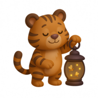 3d render of a friendly tiger with lantern transparent background playful environment whimsical concept png