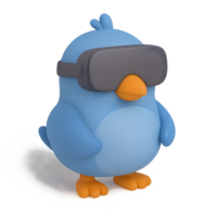 3d render of a blue bird with vr glasses transparent background fun and playful environment whimsical viewpoint png