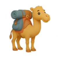 3d render of a playful camel with backpack transparent background travel adventure cartoon style whimsical environment png