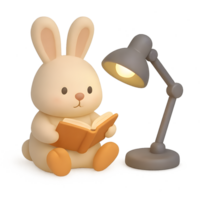 Cute 3d render of a bunny reading under a lamp transparent background whimsical environment cozy viewpoint png