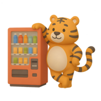 Playful tiger character with vending machine 3d render transparent background fun environment whimsical viewpoint png