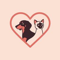 Dog and cat inside a heart logo design vector
