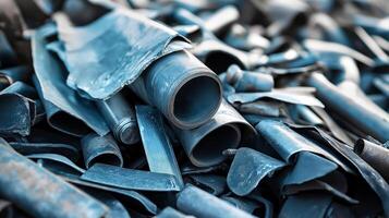 Pile of scrap lead, including rolled sheets, flattened tubes, and industrial offcuts. Concept of recycling, raw materials, heavy metals, environmental impact, and manufacturing waste photo