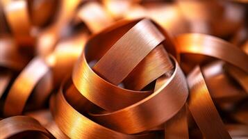 Scrap of bronze strips with brushed texture and warm metallic shine. Close-up view of bronze shavings. Ideal for concept of recycling, metallurgy, raw materials, metalworking, industrial photo