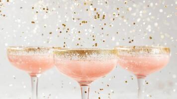 Sparkling wine glasses with glitter floating in the air, set against a gray backdrop photo