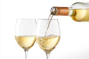 White wine being poured into a wine glass on a white background photo