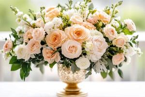 Elegant floral arrangement featuring soft pink and white blooms in a vintage vase photo