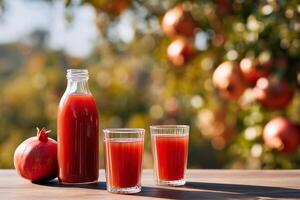 A glass of pomegranate juice on a wooden table, set against a pomegranate orchard backdrop photo