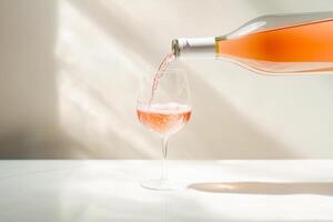 Rose wine being poured into a sophisticated glass with a beige background photo