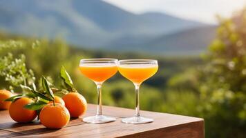 Two glasses with orange drink on a wooden table, illuminated by warm sunlight with oranges and green foliage in the blurred background photo