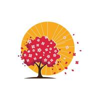 Logo design of a red tree with flowers with the sun in the background vector