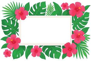 ropical Floral Frame with Pink Hibiscus Flowers and Green Leaves With Copy Space for Customized Text vector