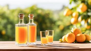 Two shot glasses and two bottles filled with orange drink on a wooden table, illuminated by warm sunlight with oranges and green foliage in the blurred background photo
