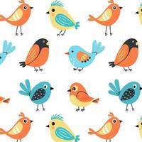 Seamless pattern with cute colorful birds in flat cartoon style on white background. Perfect for childrens designs, textiles, wrapping paper, wallpaper, and playful decorative projects. vector