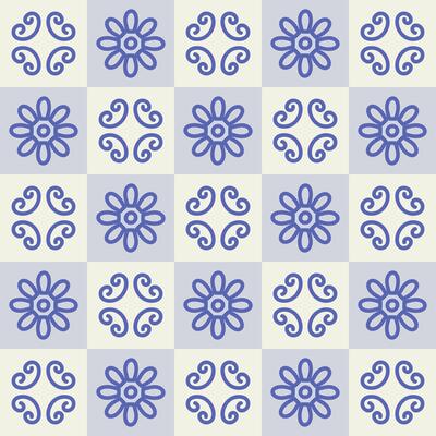 Seamless pattern with geometric doodle floral tiles inspired by Mediterranean design. Hand drawn ornamental background perfect for textile, wallpaper, packaging, and ceramic decor projects.