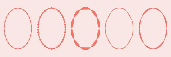 Set of abstract hand drawn oval frames in coral red color. Minimalist geometric borders perfect for modern design, branding, packaging, invitations, and digital projects. vector