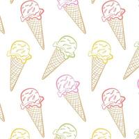 Seamless pattern with colorful outline ice cream cones on white background. Fun summer dessert design perfect for kids, packaging, fabric, wrapping, and stationery. vector