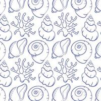 Seamless pattern with hand drawn doodle seashells and coral elements in outline style. Nautical ocean background perfect for packaging, textile design, wallpapers, and summer-themed projects. vector