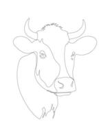 Minimalist continuous line art drawing of a cow head with horns front view sketch outline farm animal illustration isolated on white background vector