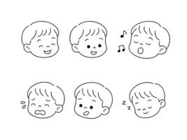 Cute boy faces expression different emotions icon set in doodle hand drawn, expressive cartoon character line art. vector