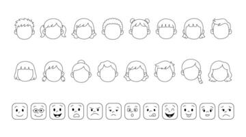 Kid face templates and cartoon emotions set, mix and match cartoon character faces and feelings, simple doodle line art style. vector