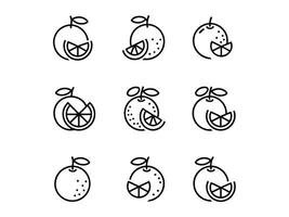 Nine simple line art illustrations of oranges and orange slices. vector