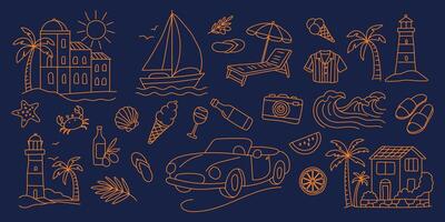 Coastal set, a blue background with a variety of drawings of things like a car, a boat, a house, and a palm tree vector