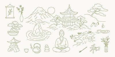 A drawing of a man sitting in a lotus position with a tea kettle and a vase in front of him vector