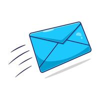 Illustration cartoon of floating blue sending message envelope isolated on white background with cartoon flat design concept vector