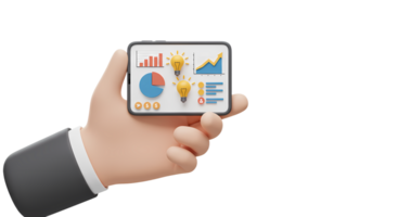 A hand holding a tablet with business graphs on it png