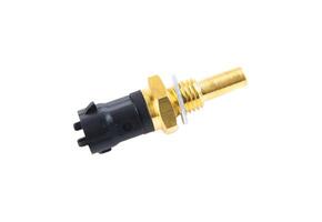 Diagonal view of gold automotive sensor with black handle on white background. Isolated car part ideal for online shop, repair listings, or catalog use photo