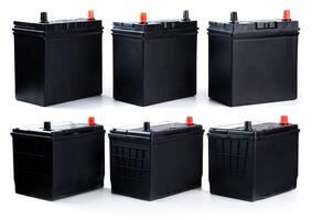 Set of six automotive batteries on white background. Different sizes for passenger cars and trucks. Ideal for parts shop, catalog, or replacement use. photo