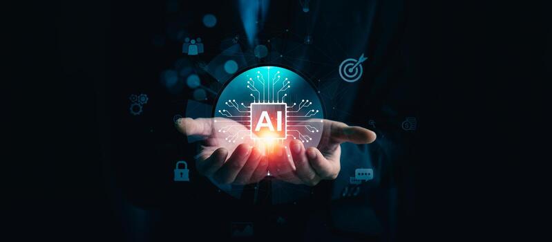 Futuristic concept of artificial intelligence technology showing a businessman holding a glowing AI chip, symbolizing control, responsibility, and the powerful potential of intelligent data processing photo