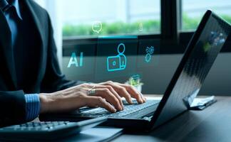 Remote Work with AI Integration, Businessman Typing on Laptop in Digital with Virtual Interface Icons Representing Artificial Intelligence, Online Collaboration, Automation, Technology Innovation photo