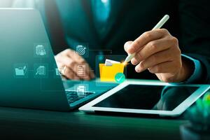 Businessman Using Cloud Computing for Secure Digital File Management on Laptop, Enhancing Remote Work Efficiency, Cybersecurity, and Data Protection for Online Collaboration, Virtual Office Solution photo