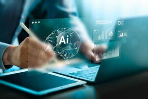 Futuristic AI Technology for Business Intelligence and Big Data Analytic, Businessman Using Artificial Intelligence for Real-Time Insights, Predictive Analysis, and Digital Transformation photo