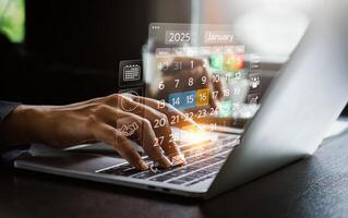 Event planner timetable agenda plan on a digital interface for 2025, managing schedules, appointments, reminders efficiently with smart technology for seamless organization and time management photo