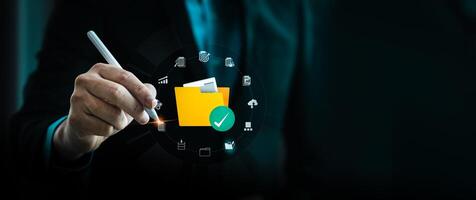 Businessman Holding Digital File Management System with Cloud Computing Technology, Showcasing Secure Data Storage, Online Collaboration, AI-Powered Document Organization for Remote Work Efficiency photo