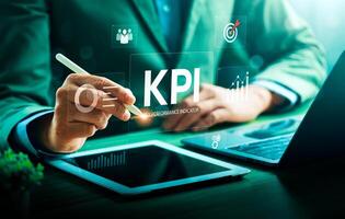 Businessman Using Digital Tools to Analyze Key Performance Indicators KPI with Data Visualization, Charts, and Targets, Highlighting Performance Management, Business Goals, and Strategic Planning photo