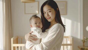 Scandinavian mother hugging baby near window with soft light photo