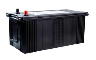 Single wide black truck battery with side handles for easy lifting. Heavy-duty power unit isolated on white background. Perfect for catalog or store. photo
