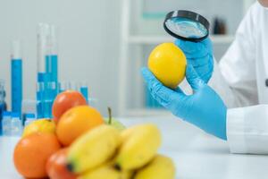 use magnifying glass to check physical occur from chemical on fruit and vegetable residues in laboratory. inspect the concentration of chemical residues, standard, find prohibited substances photo