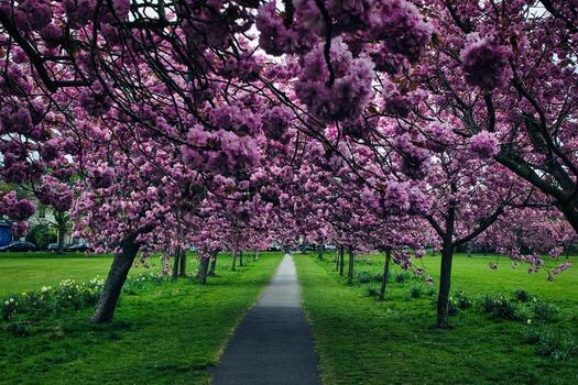 Path Through Park with Flowering Cherry Trees in Harrogate, UK photo