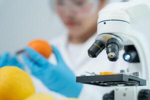 Scientist check chemical food residues in laboratory. Control experts inspect quality of fruits, vegetables. lab, hazards, ROHs, find prohibited substances, Microscope, Microbiologist photo