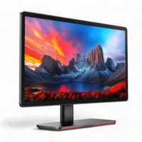 High-resolution computer monitor displaying a vivid landscape at sunset isolated on transparent background cutout png